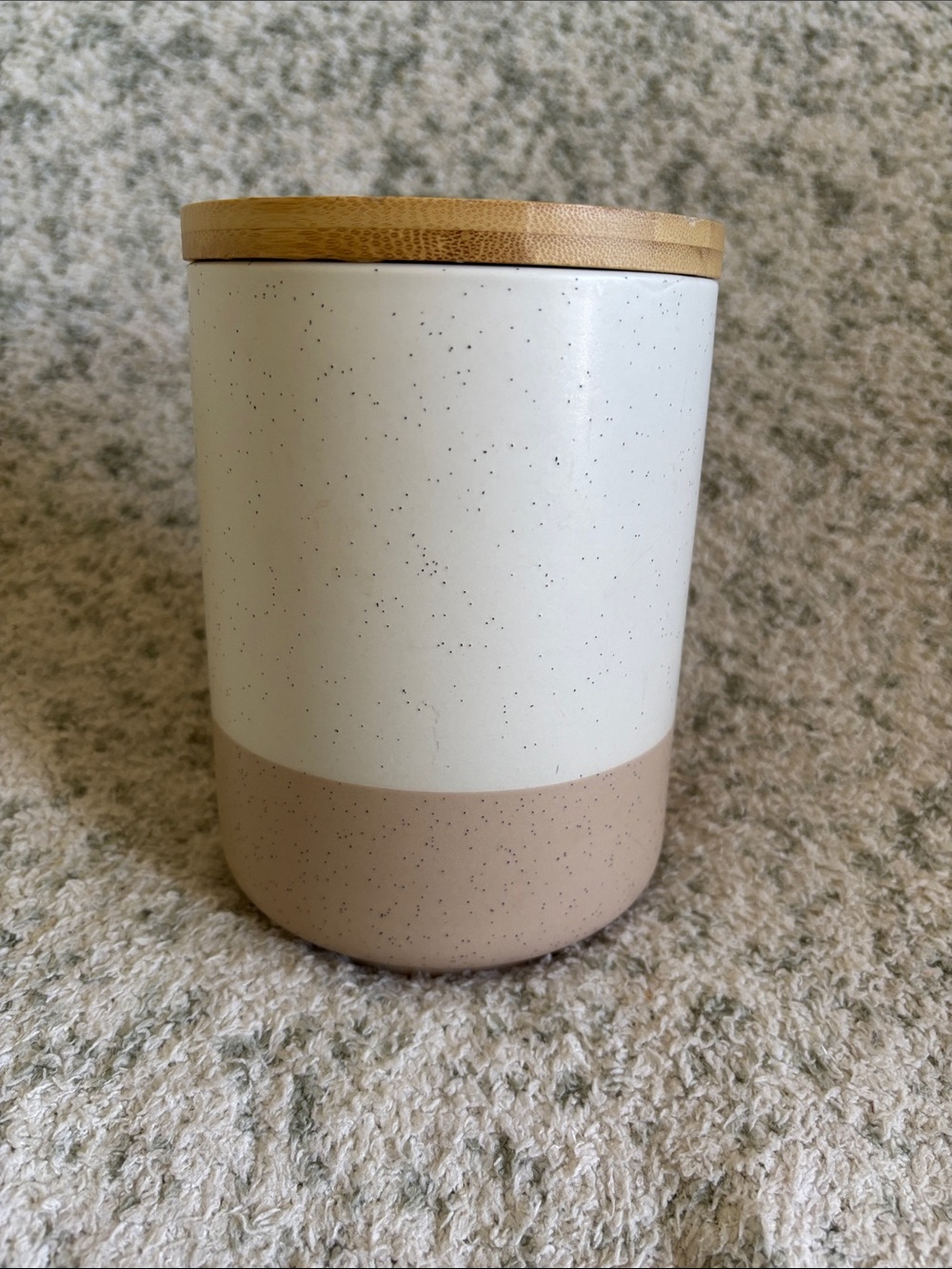 Vancasso Stoneware Speckled Ceramic Canister with Bamboo Lid NWT 6.5x4.5”